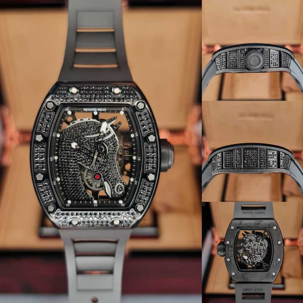 JAM TANGAN RICHARD MILLE CLONE 1:1 RM BLACK HORSE DIAMOND LIMITED EDITION FULLSET BOX / NEW MEN LUXU