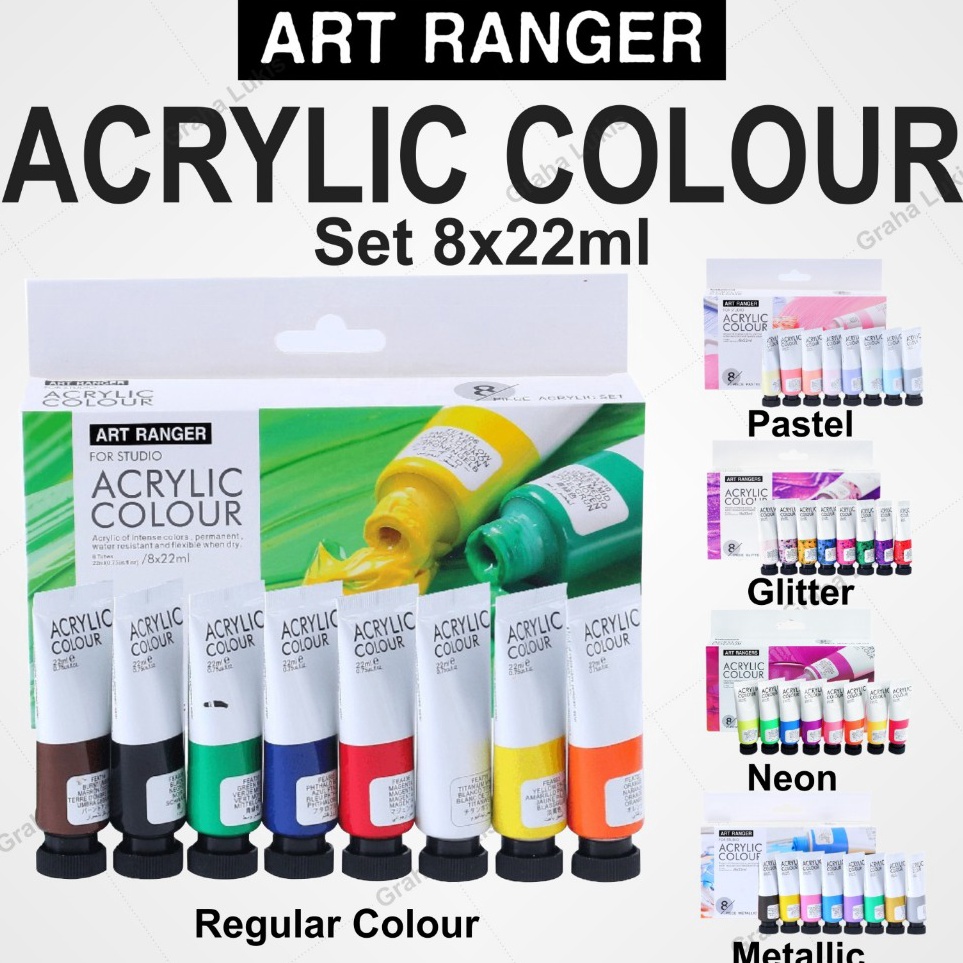 

KODE T34K Art Ranger Acrylic Set Pastel Neon Glitter Metallic Regular Set Cat Akrilik 8x22ml