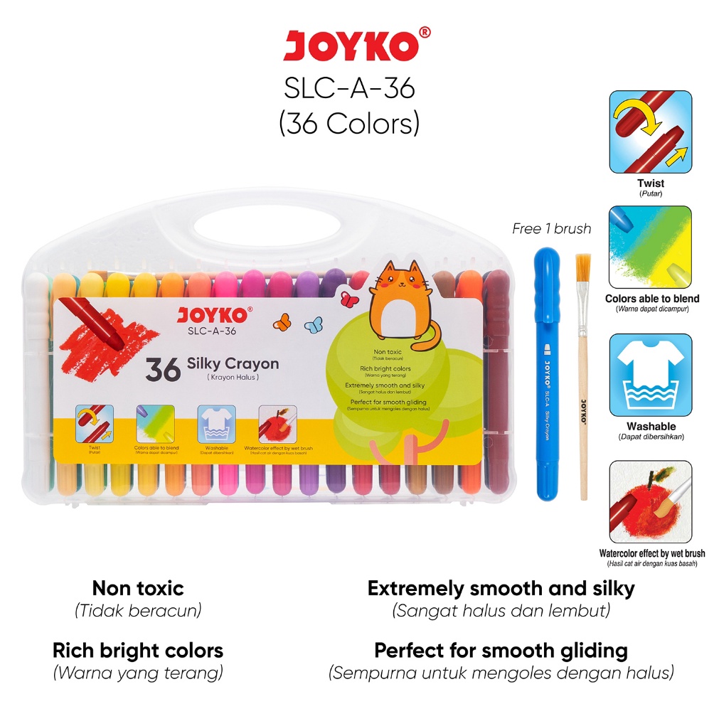 

KODE L8F Joyko Twist Crayon Silky Crayon Oil Pastel 36 Colours Krayon Joyko Halus Putar Tidak Kotor 36 Warna SLCA36