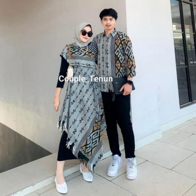Set Couple Tenun Dres Ivory Abu Baju Pasangan pria wanita kondangan prewedding natal imlek lebaran g