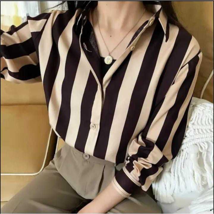 Atasan wanita motif garis garis/kemeja salur wanita/atasan wanita lengan panjang/kemeja wanita jumbo