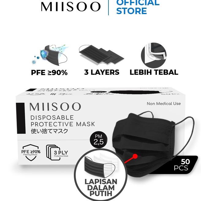 KP8 MIISOO Disposable Masker Hitam Black Edition 5pcs Masker Kesehatan 3ply Earloop IZIN RESMI BNPBl