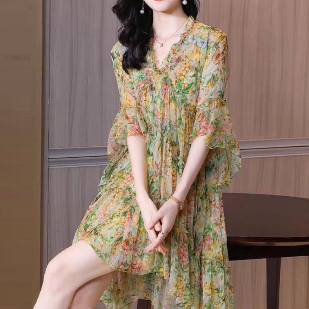 Elnina Asymmetric Ruffle Dress #6479 Fashion Dres Wanita Three M Motif Bunga Casual Outfit Kasual