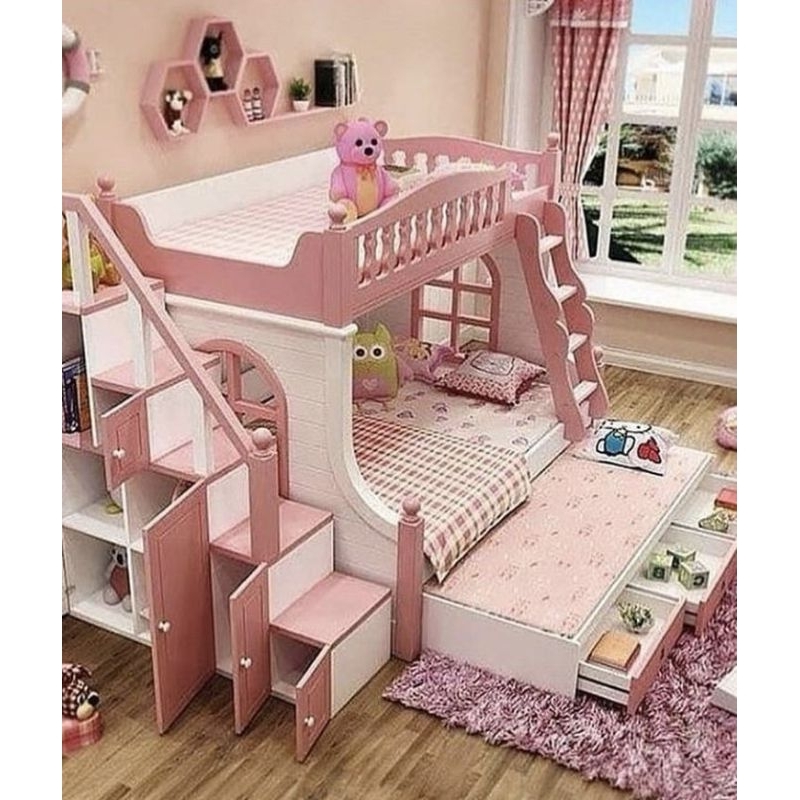 Ranjang anak tingkat 3 bed dan lemari penyimpanan, kasur tingkat dan lemari penyimpanan, Ranjang tin