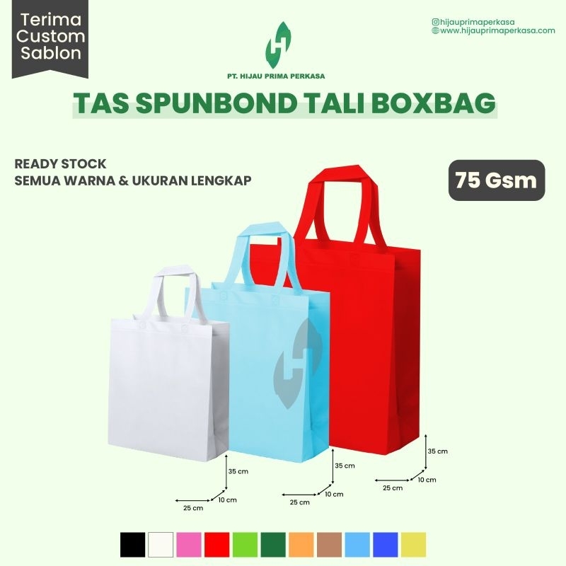

Tas Spunbond 75 GSM Tebal Tali Jinjing Totebag Box Bag berwarna Goodie Bag 3 Ukuran 25x10x35 30x10x40 38x10x45