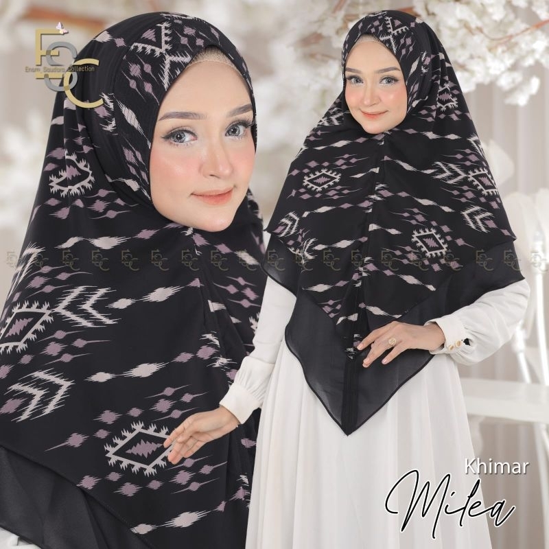 Khimar motif monogram milea | khimar ceruty 2 layer | khimar printing | khimar syari by enam saudara