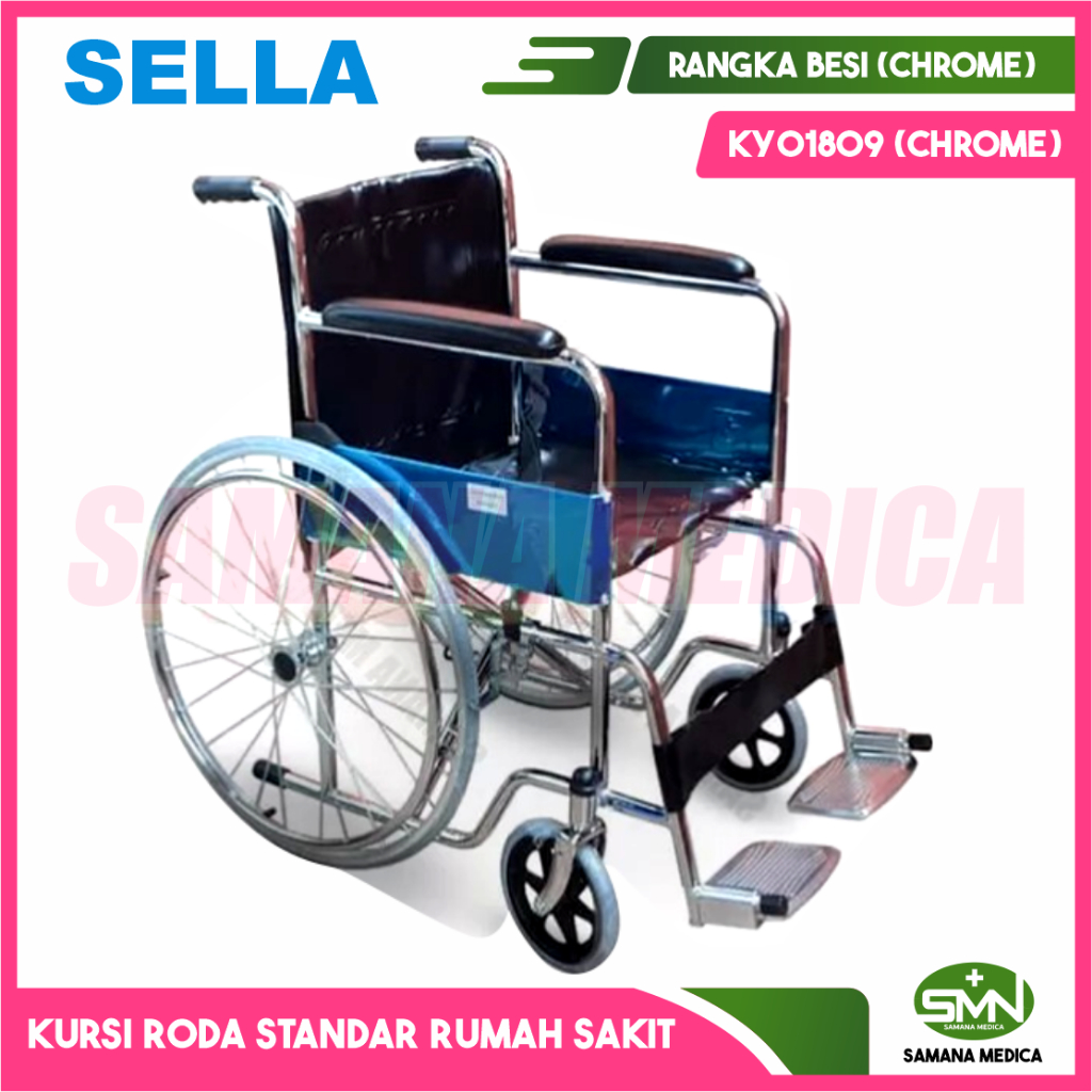 Kursi Roda Standar SELLA KY809 Kursi Roda Standar Rumah Sakit Chrome Tahan Air Dorong Sendiri Ban Ma