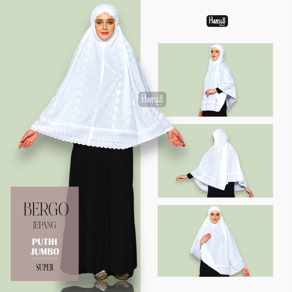 Bergo Jepang Umroh Renda Katun Super Jumbo Putih Perlengkapan Haji dan Umroh Wanita