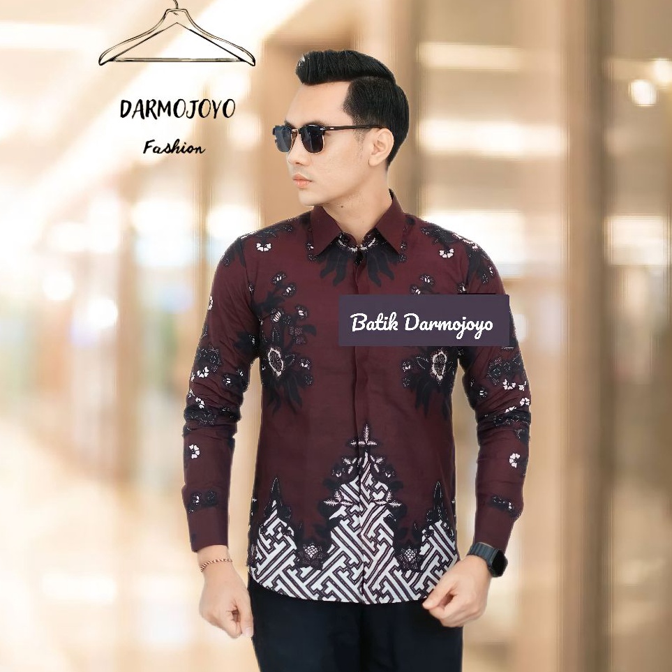 KODE C78F OOTD Baju Cowok Kemeja Batik Pria Original Motif Kembang marron Laskala