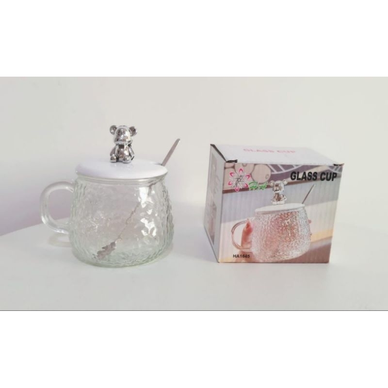 Mug Kaca Gelas Tutup Beruang/Gelas Mug Tumblr Souvenir