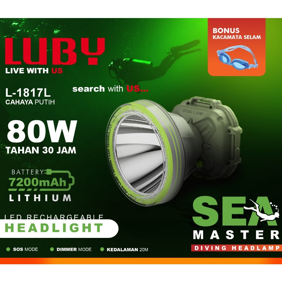 Promo Terlaris  NEW Senter Kepala Selam Luby Super Terang 8W 6W 4W LED Rechargeable Luby 1815L 1816L