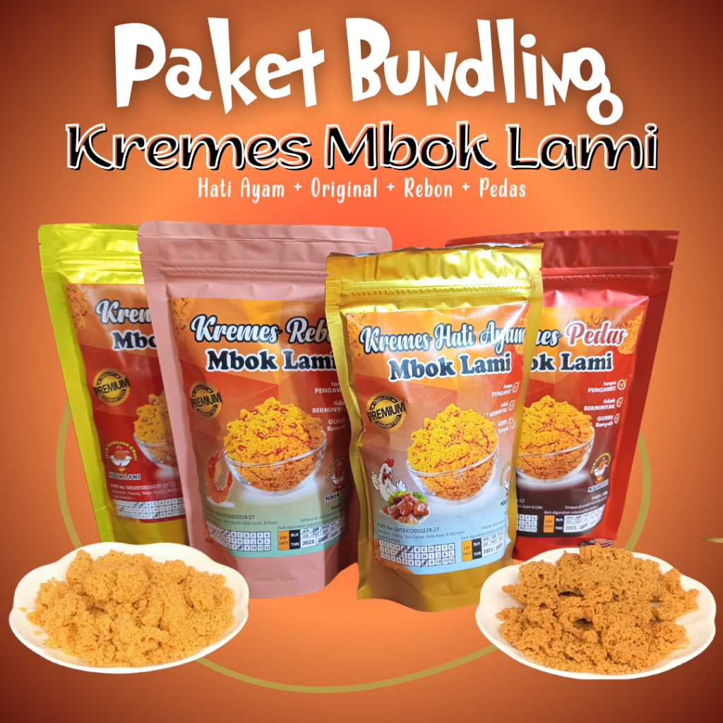 

Paket Hemat 4 In 1 Kremes Ayam Mbok Lami - Original & Hati Ayam & Rebon & Pedas - Halal / MPASI / No MSG