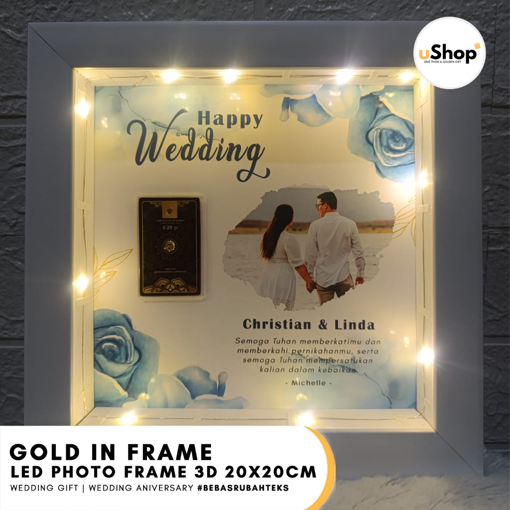 Wedding Gift Custom Foto Frame Scrapbook LED 20x20/Kado Nikah Logam Mulia Emas Mini