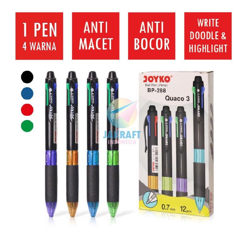 PROMO BESAR 1 Pcs Pulpen Ballpoint 4 Warna in 1 Pen JOYKO BP288 QUACO 3 Tebal 7 mm Berkualitas Seper
