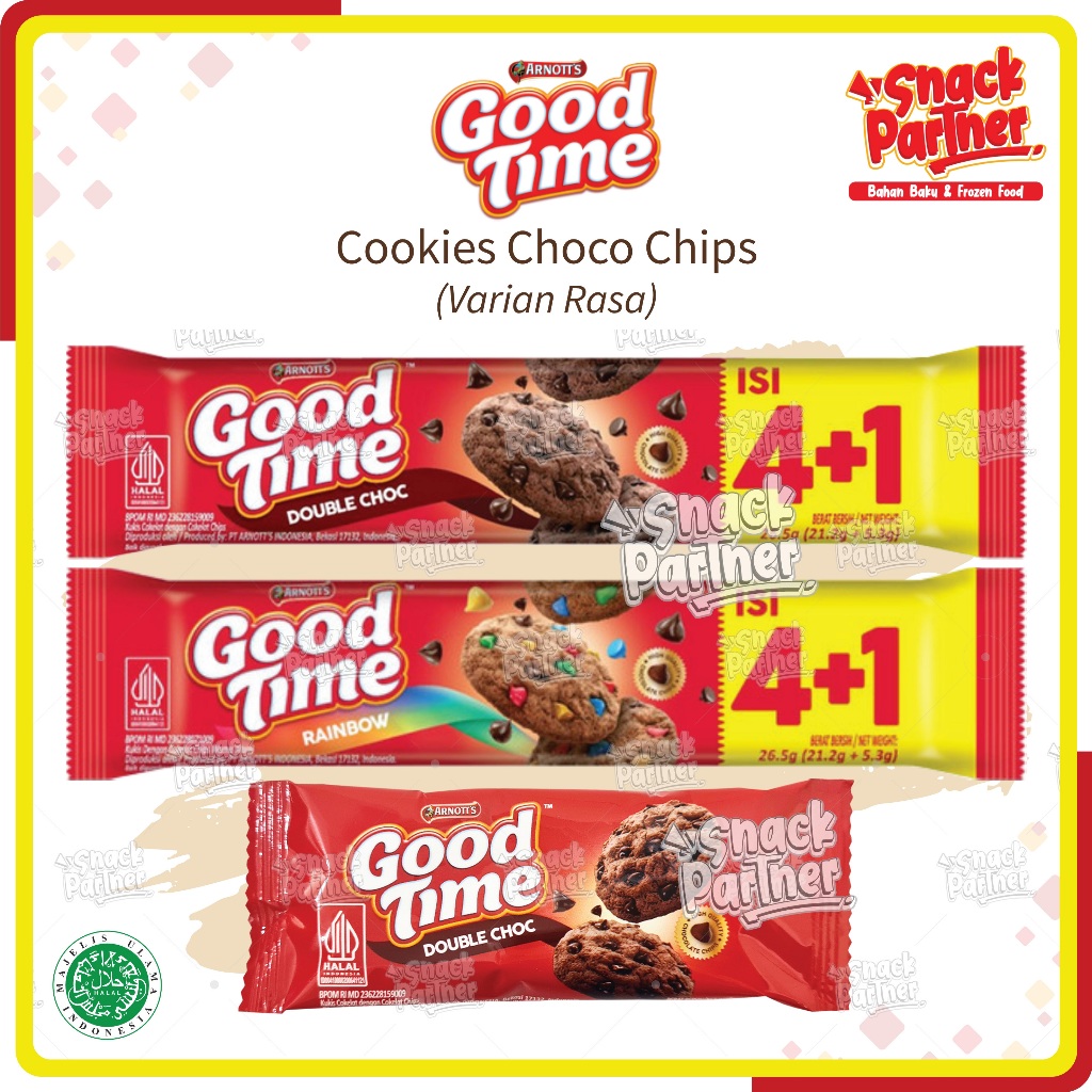 

GOOD TIME - COOKIES CHOCO CHIPS 4+1 PCS / 26,5 GR | 2 PCS / 16 GR - Cookie Chocochips Classic Double Choc Rainbow Choco Dhips Biscuit Biskuit Coklat GOODTIME 4 + 1