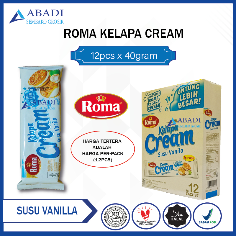 

Biskuit Biscuit Roma Kelapa Cream Susu Vanilla - Klapa Vanila 1 Box 12 pcs 40 gram