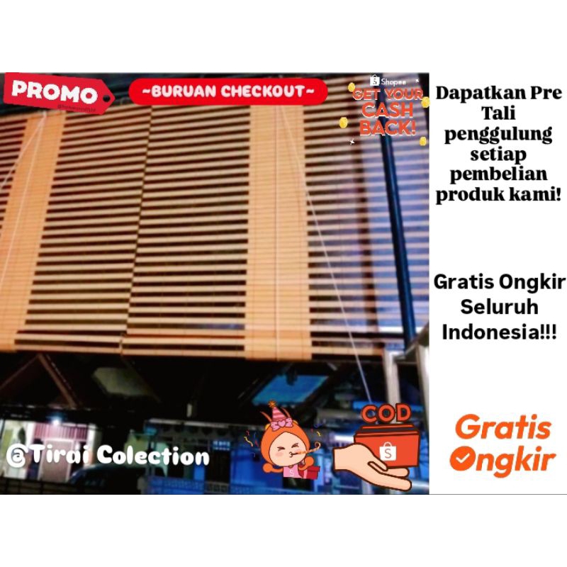 Tirai kayu PVC tahan panas/hujan kualitas ORI pluss tali penggulung