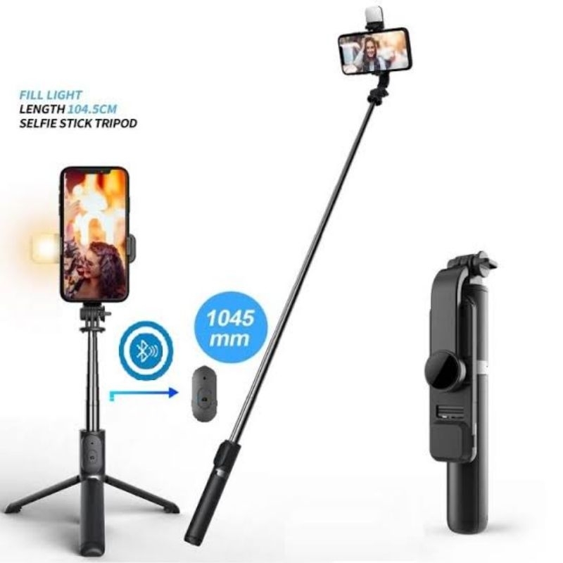tongsis + tripod 3 in 1 untuk HP, ada lampu, remot bluetooth, selfie