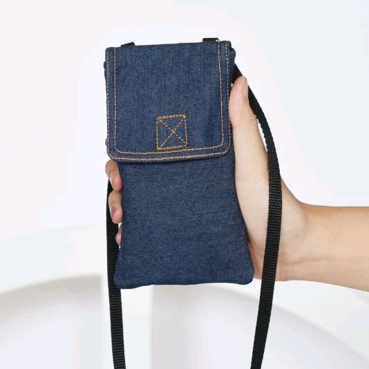 tas handphone gantung wanita pria resleting bahan denim | dompet gantung hp uang dan kartu cewe cowo