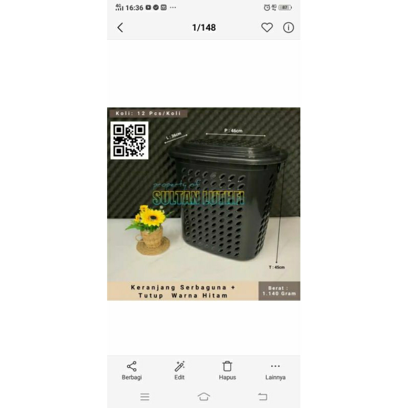 Keranjang Serbaguna + Tutup Warna Hitam
