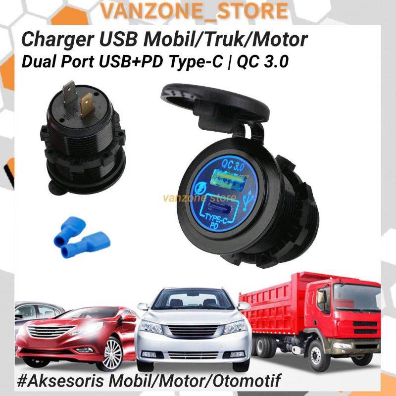 Charger Mobil Motor Dual Port Type C PD QC 3.0 LED Light 12/24V Fast Charging Waterproof