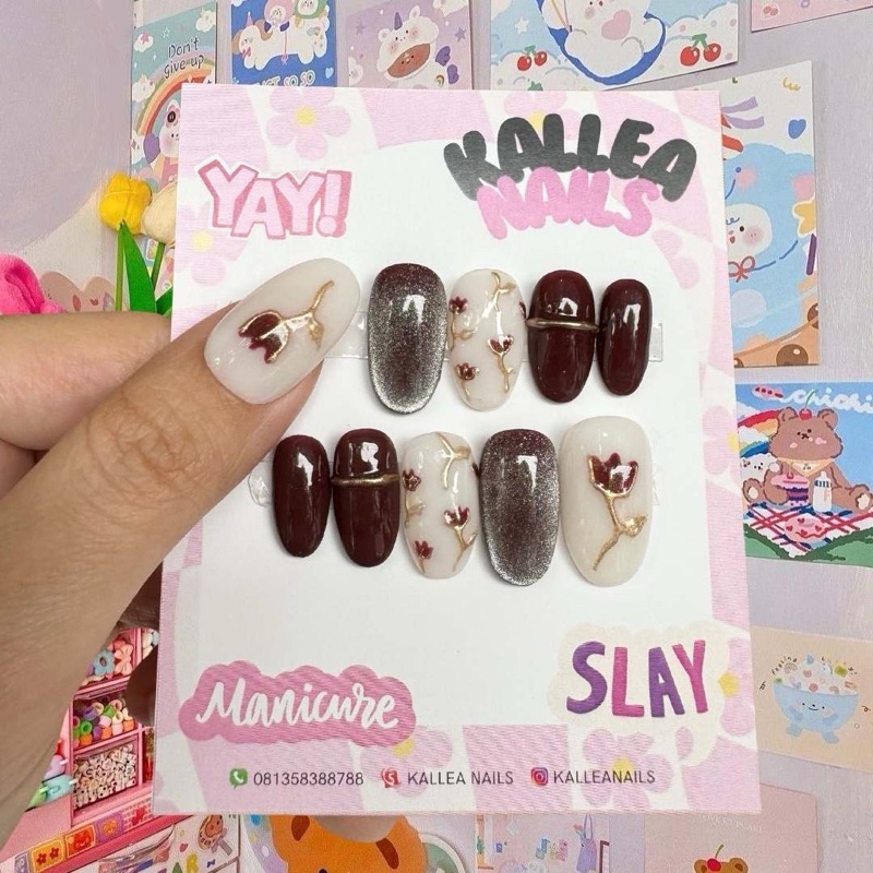 PRESS ON NAILS KUKU PALSU BUNGA MAWAR MERAH MAROON / Kuku Palsu / Weeding / Engagement / Wisuda Nail