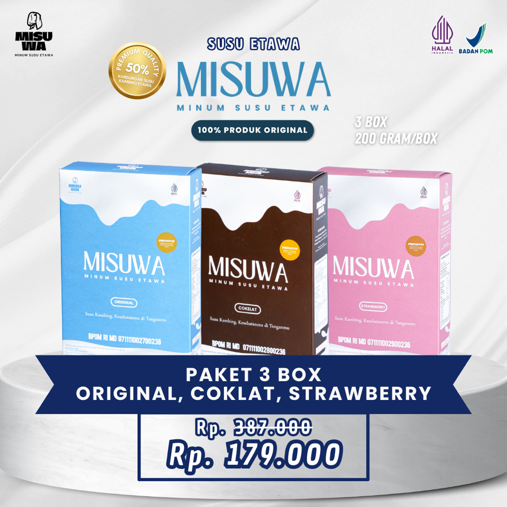 

Susu Kambing Etawa Bubuk RASA ORIGINAL COKLAT STRAWBERRY [PAKET MIX 3 RASA] 3x200GR Menjaga Kesehatan Tulang Melancarkan Sistem Pencernaan dan Kekebalan Tubuh | MISUWA
