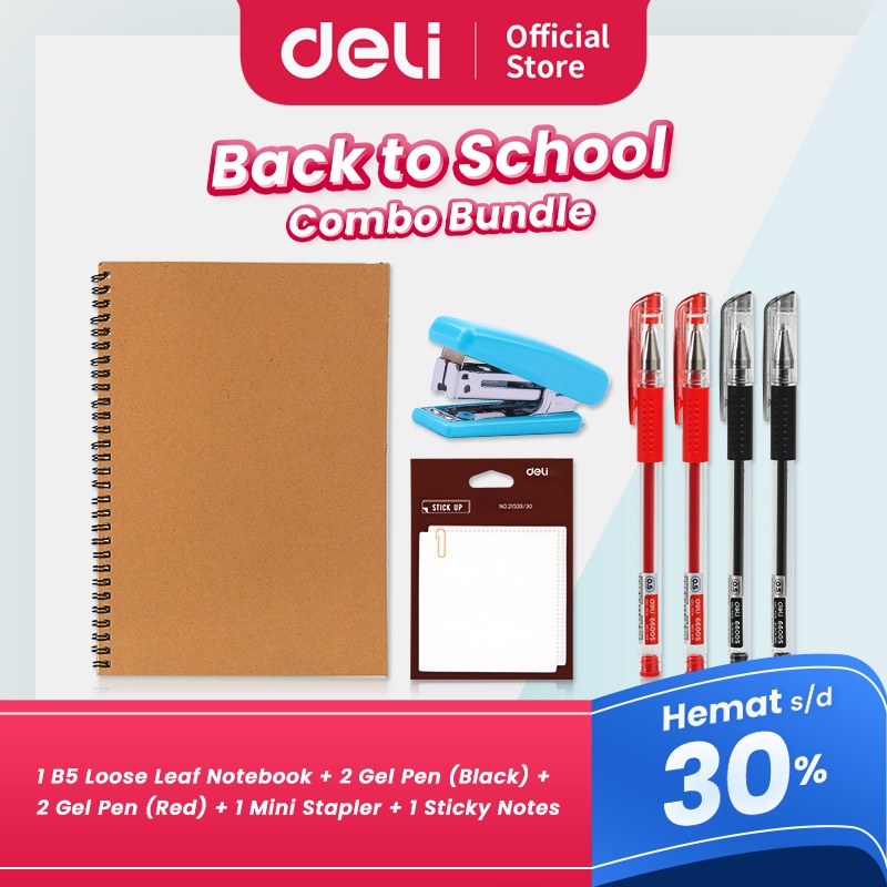 

DELI "BACK TO SCHOOL" BUNDLE - 1 B5 Loose Leaf Notebook, 2 Gel Pen (Black), 2 Gel Pen (Red), 1 Mini Stapler, 1 Sticky Notes