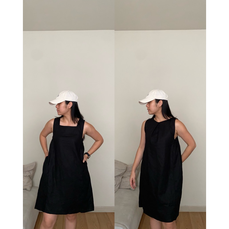 LBT Dress-35 | Two-Way Linen Mini Dress with Square and Boat Neckline | Terusan Linen Mini dengan Du