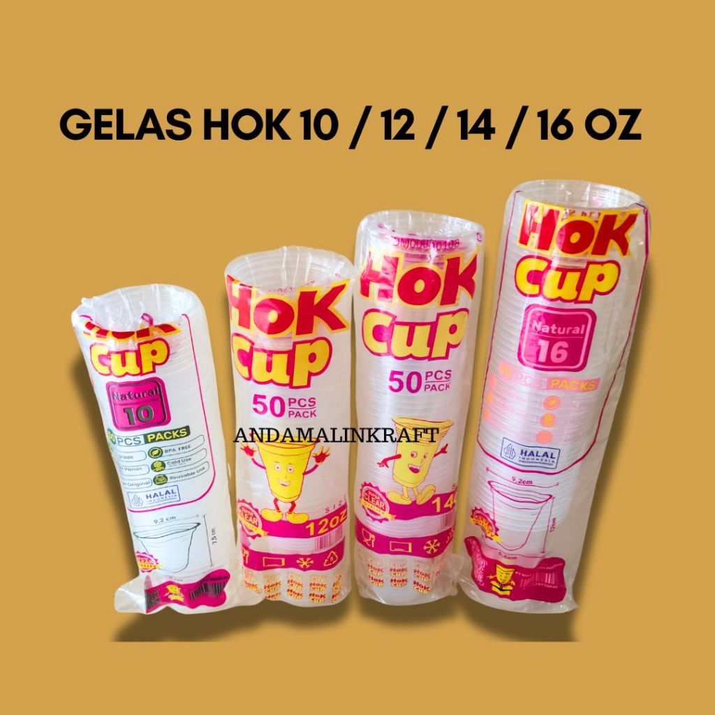 Gelas plastik 16 oz / gelas 14 oz / gelas 12 oz/ gelas 10 oz Merk HOK isi 50 tanpa tutup