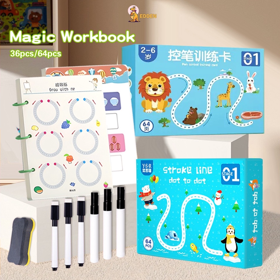 

Edden Magic workbook reusabledot to dot wipe and clean book activity Smart writing book buku edukasi anak x O1D8