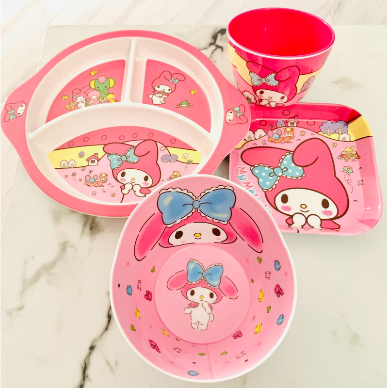 paket 4in1 piring melamin set karakter twins star melody pink mangkok bowl melamine anak kado