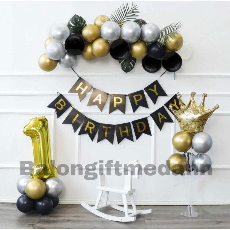 PAKET DEKOR BANNER ULANG TAHUN BLACK GOLD SILVER