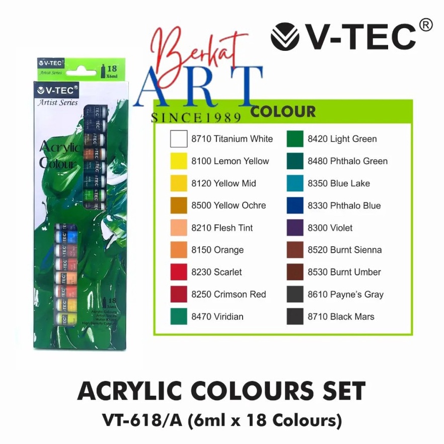

KODE W14E VTEC ACRYLIC COLOURS 18 WARNA CAT AKRILIK VTEC SET 6ML