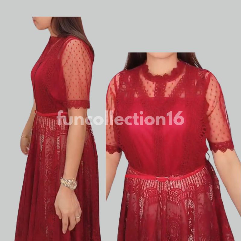 Baju Wanita Terusan Long Dress Tile Brokat Modern Maroon Imlek Natal