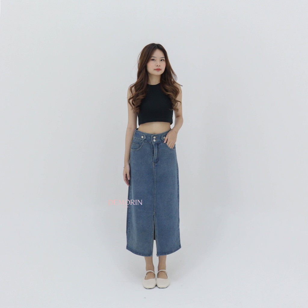 DEMORIN|Rok Jeans Midi Wanita Front Slit High Waist Casual Fit Denim Premium Long Skirt X92