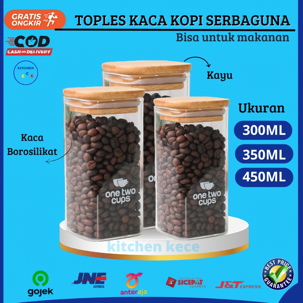 TOPLES KACA PENYIMPANAN KOPI MAKANAN BUMBU MODEL KOTAK BOROSILICATE 300ML 350ML 450ML