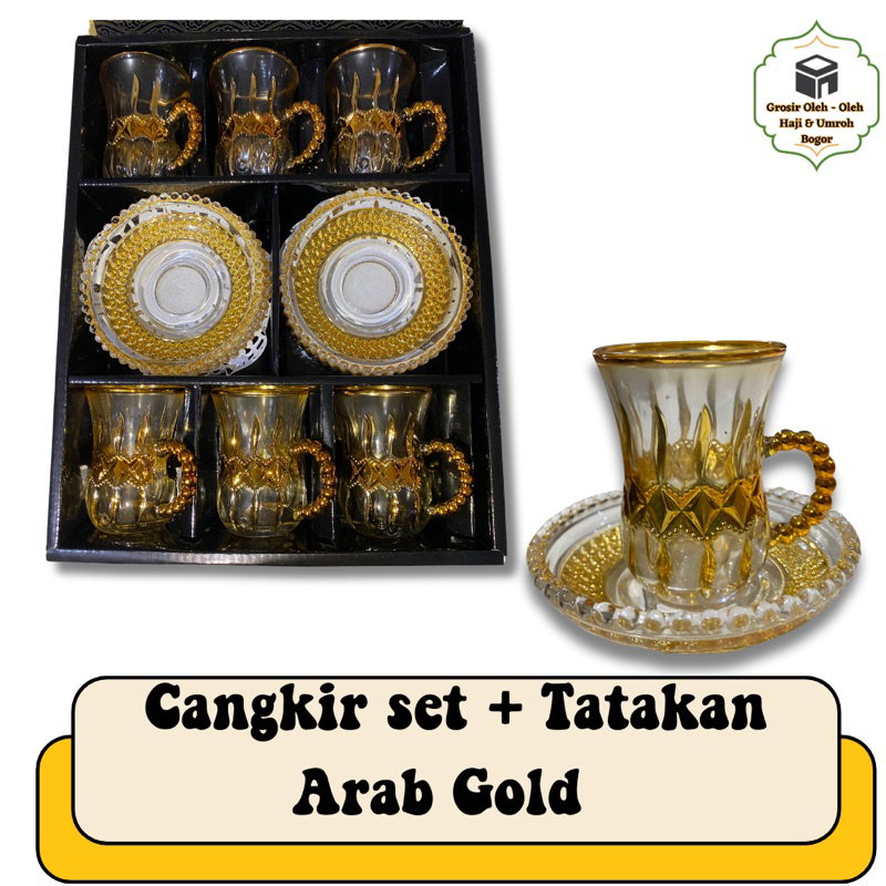 CANGKIR SET + TATAKAN ARAB GOLD | GELAS ARAB | OLEH OLEH HAJI DAN UMROH