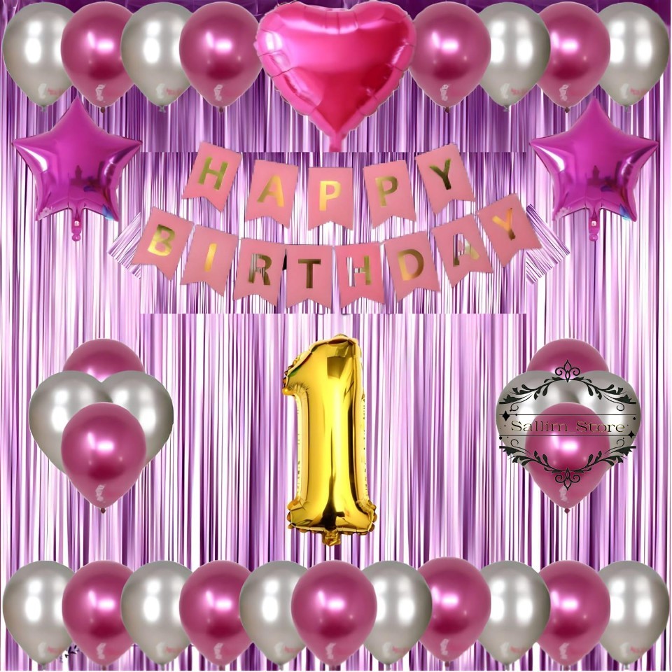 Set Dekorasi Pesta Ulang Tahun Banner Happy Birthday Pink Dekor Ultah Balon Latex Silver Mix