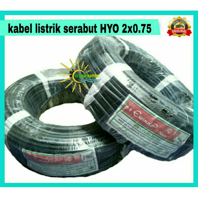 kabel listrik serabut HYO 2x0.75 merk sinar PT Ewindo per roll 100M