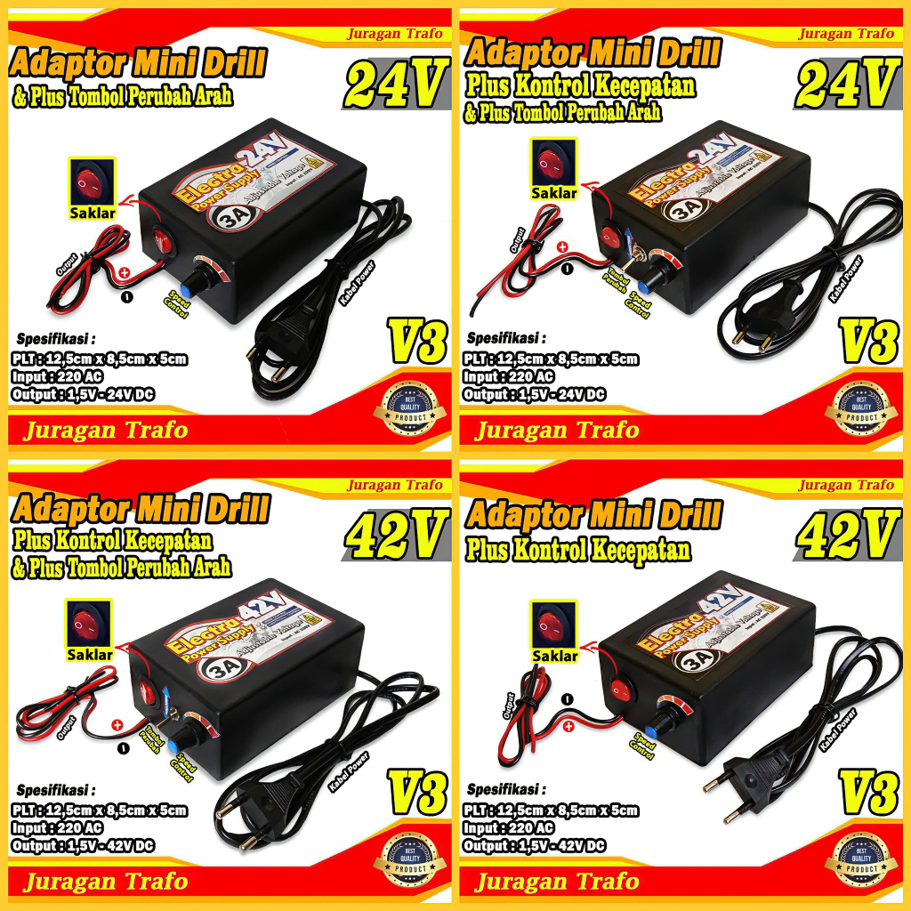 ADAPTOR Power supply Dinamo DC Dan Adaptor Bor Mini Drill AC to DC 12V, 24V & 42V