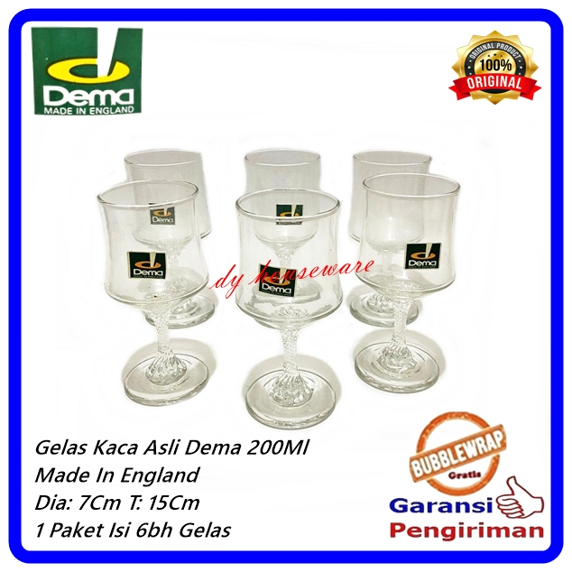 Gelas Kaca Bening Gelas Tulip Inggris Kaki Kristal 200Ml Made In England Dema ( 1 Paket Isi 6 Gelas 