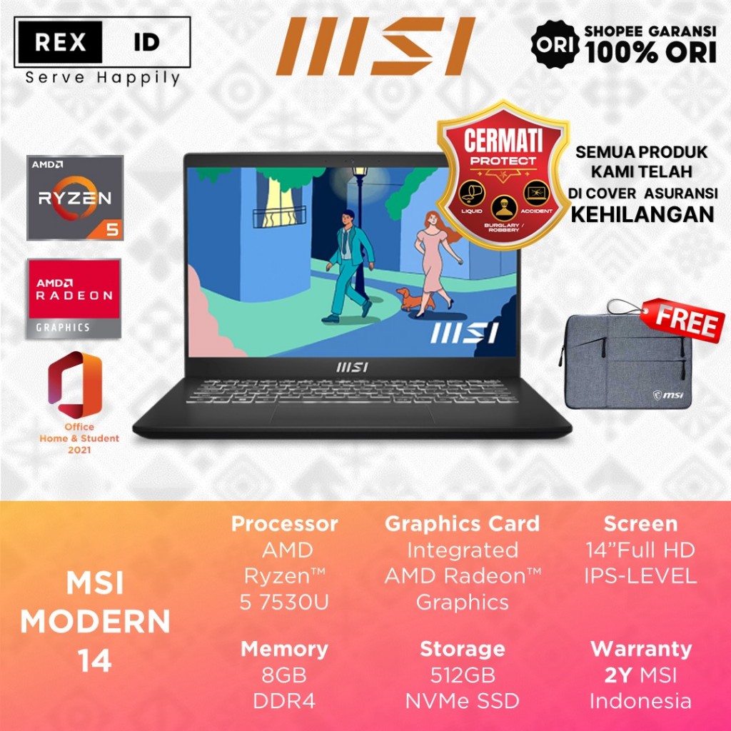 Laptop MSI Modern Ryzen 5 7430U 16GB 512GB 14.0" Full HD IPS Backlit Windows 11 + OHS 2021