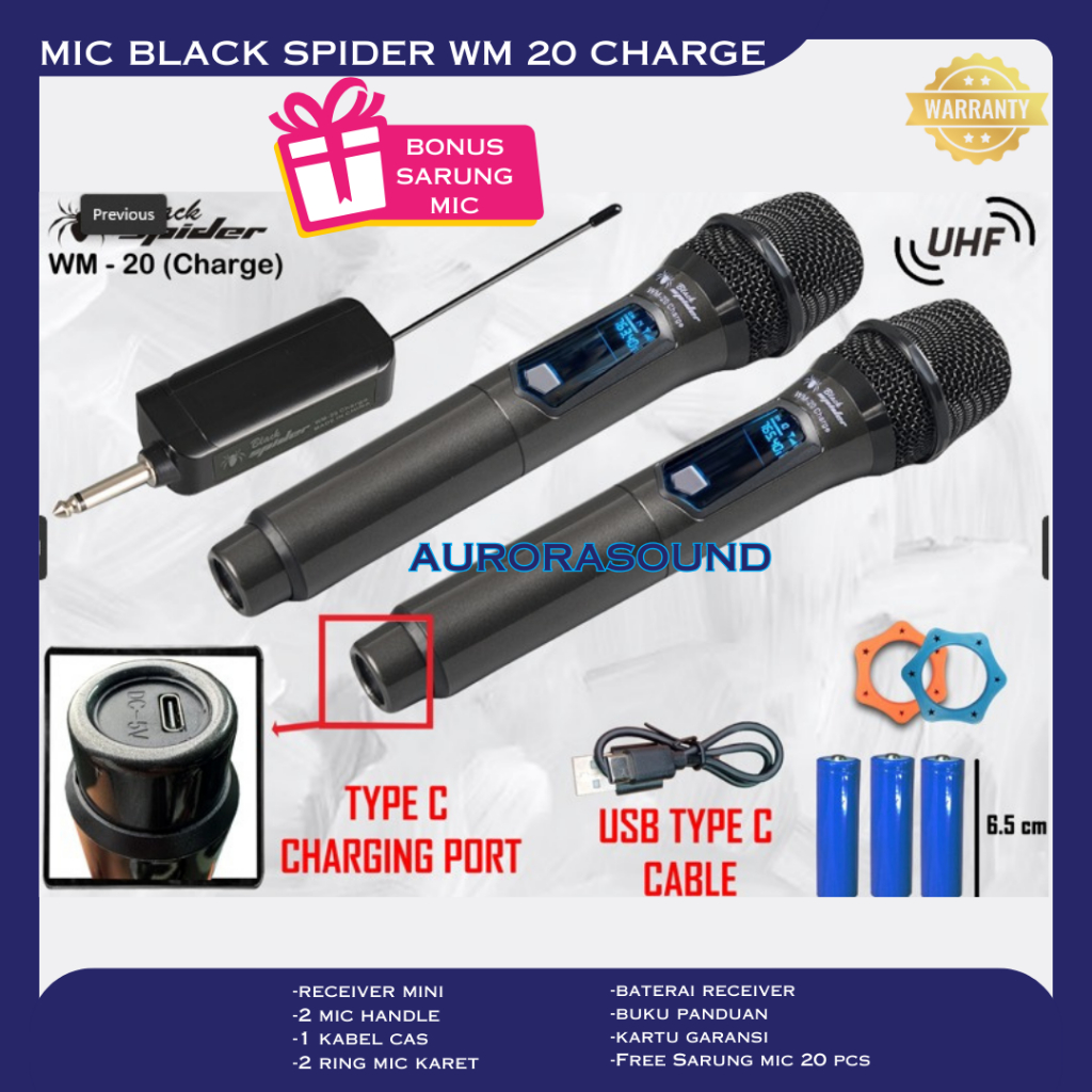 MIC WIRELESS BLACK SPIDER WM 20 CHARGE PROFESSIONAL MICROPHONE BLACKSPIDER WM20 UHF ORIGINAL GARANSI
