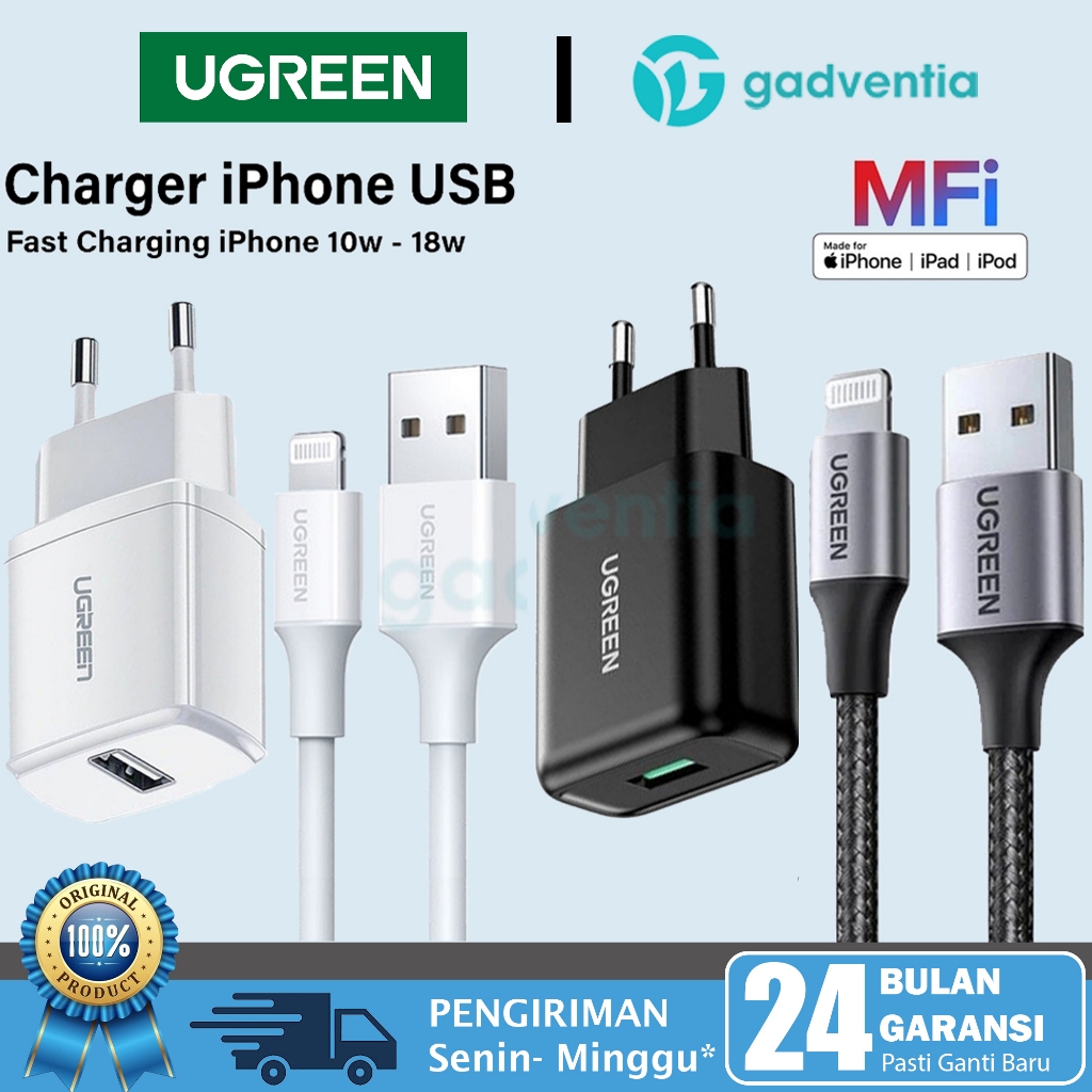 UGREEN Charger iPhone Usb Lightning Set Mfi 10w 18w Untuk iPhone 5 6 7 8 X Xr Xs Max With Kabel Cas 