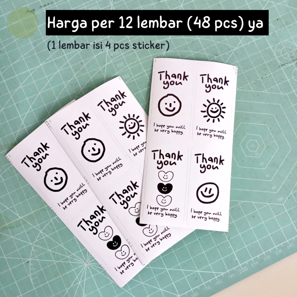 

12 Lembar (48 pcs) Sticker Label "Thank You" Segel Box Emoticon Lucu Warna Putih