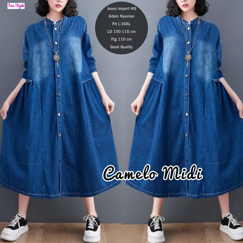CAMELO MIDI DRESS BAHAN JEANS IMPORT HQ // ORI BY ANA HIJAB