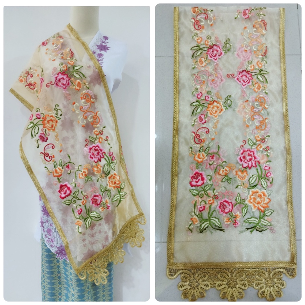 KODE P4Y selendang koto gadang dengan lebar 38 cm bahan organza kristal renda gold