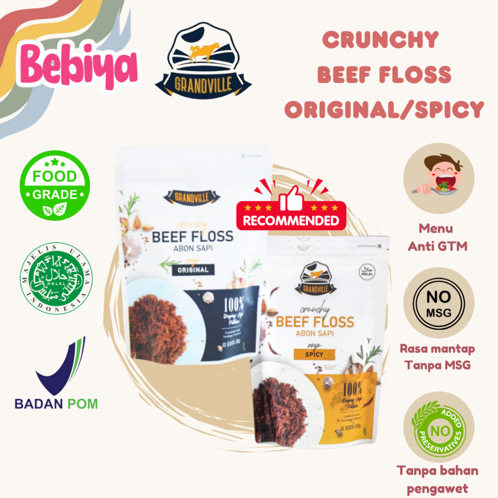 

Grandville Crunchy Beef Floss Original dan Spicy Abon Sapi Anti GTM Makanan MPASI BB Booster