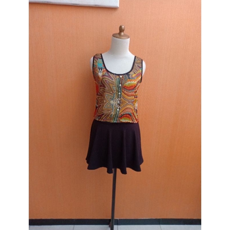 atasan wanita crop top batik coklat orange COCOLULU cewek S cute kutung santai